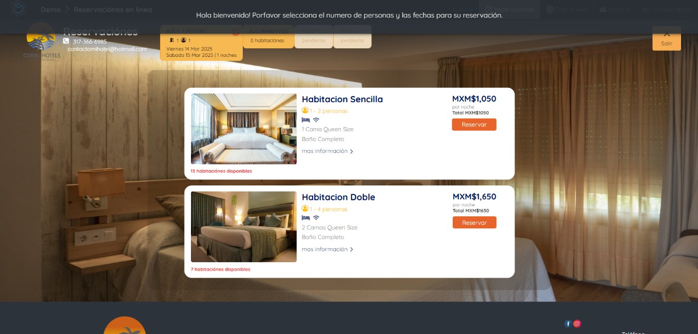 Captura de pantalla de un motor de reservas en acción, mostrando disponibilidad y opciones de habitaciones.