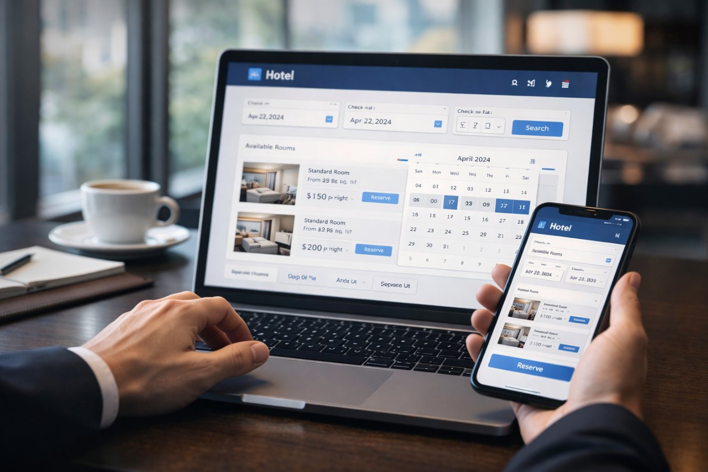 Huésped reservando una habitación desde una laptop o celular en la web del hotel.